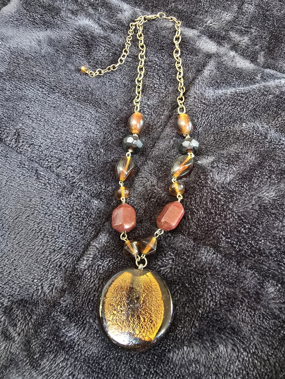 Handcrafted Amber Glass Pendant Necklace - Gold Chain - Women Jewelry
